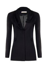 Blazer nero con colletto drappeggiato, chiusura a un bottone e due tasche frontali. Realizzato in tessuto liscio con una vestibilità su misura.