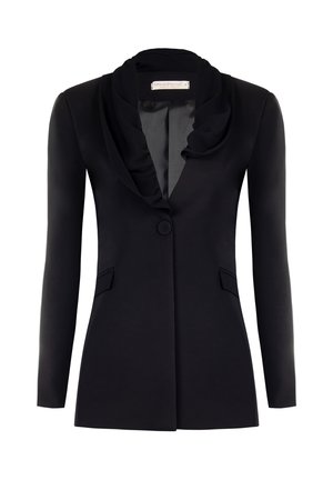 Schwarzer Blazer mit einem drapierten Kragen, einem einzelnen Knopfverschluss und zwei Fronttaschen. Hergestellt aus glattem Stoff mit tailliertem Schnitt.