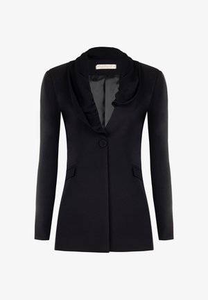 Schwarzer Blazer mit einem drapierten Kragen, einem einzelnen Knopfverschluss und zwei Fronttaschen. Hergestellt aus glattem Stoff mit tailliertem Schnitt.