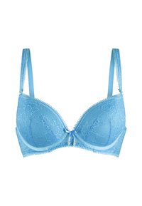 Blauwe kanten beha met beugel en padding, met een strikdetail aan de voorkant, dunne verstelbare bandjes en rafelige randen langs de bovenkant.