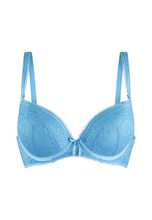 Blauwe kanten beha met beugel en padding, met een strikdetail aan de voorkant, dunne verstelbare bandjes en rafelige randen langs de bovenkant.