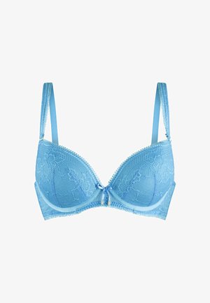 Blauwe kanten beha met beugel en padding, met een strikdetail aan de voorkant, dunne verstelbare bandjes en rafelige randen langs de bovenkant.