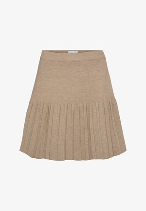 Beige neulottu hame, jossa on istuva vyötärönauha ja midimittaisesta alaosasta alkava laskostettu malli, joka luo levenevän siluetin.