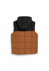 Gilet imbottito con cappuccio nero e corpo marrone, dal design trapuntato. Il tessuto ha una superficie liscia, ideale per essere indossato a strati.