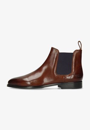 Braune Leder Chelsea-Stiefel mit elastischen Seitenpaneelen, schlanker Form, glänzender Oberfläche und einer Zuglasche an der Ferse; mit dezentem Branding an der Seite.