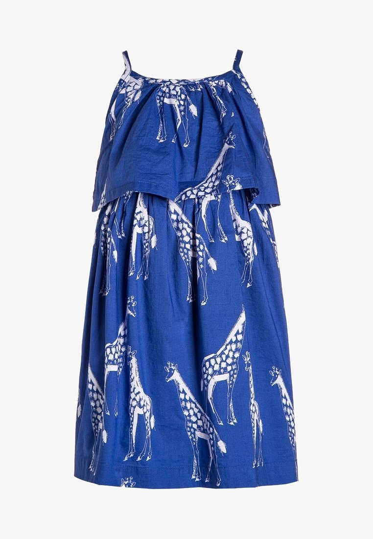 Robe bleu sans manches avec imprimé girafe blanc, dotée d'un haut à volants superposés et d'une jupe froncée.