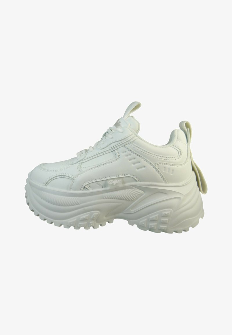 White chunky platform sneaker with thick textured sole, lace-up closure, and pull tabs on tongue and heel, shown from the outer side.