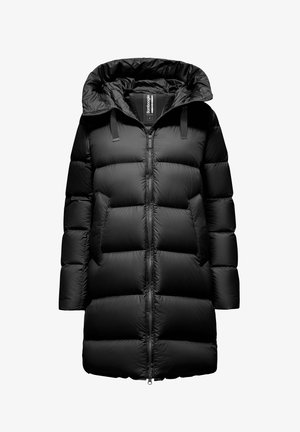 Black knee-length puffer coat with a hood, front zipper closure, two side pockets, and adjustable hood drawstrings.