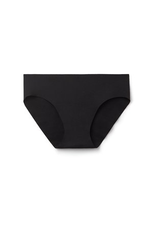 Sort sømløst kvindeligt bikinitrusse med bred talje og glatte kanter på hvid baggrund.