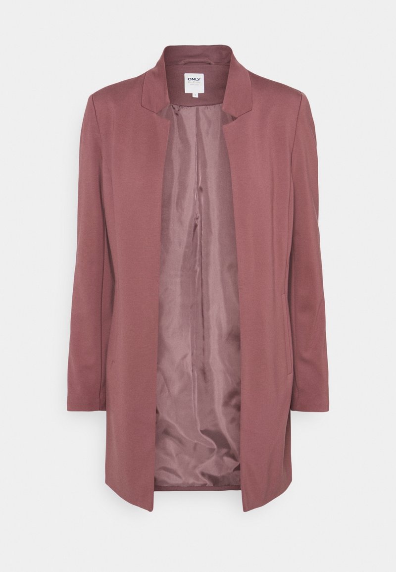 Blazer long mauve avec col à revers cranté, devant ouvert, manches longues, et doublure intérieure en satin lisse.