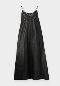 Schwarzes Leder-Maxikleid mit dünnen Trägern. Verfügt über einen V-Ausschnitt und subtile Ausschnitte mit dekorativen Nähten. Glatte Textur, lockere Silhouette.