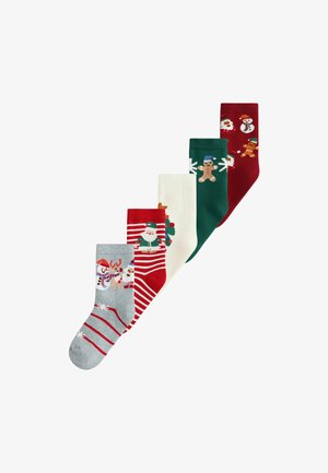Vijf paar feestelijke sokken in verschillende kleuren: grijs met sneeuwmannen, rood met de kerstman, wit met een peperkoeken mannetje, groen met een sneeuwman en kastanjebruin met ornamenten.