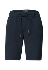 Shorts décontractés bleu marine foncé pour hommes avec cordon ajustable et passants de ceinture, fabriqués en tissu texturé.