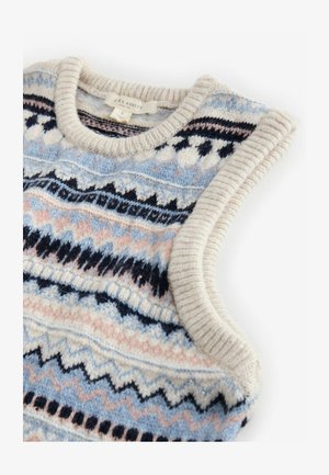 Pletená sveterová vesta s modrými, ružovými a námorníckymi vzormi. Textúrovaná tkanina, hrubý výstrih a otvory na rukávy, s geometrickými dizajnmi po celom povrchu.