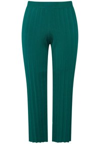 Pantalones de punto acanalado en color teal con una cinturilla elástica y piernas rectas. La textura presenta líneas verticales y un brillo sutil.