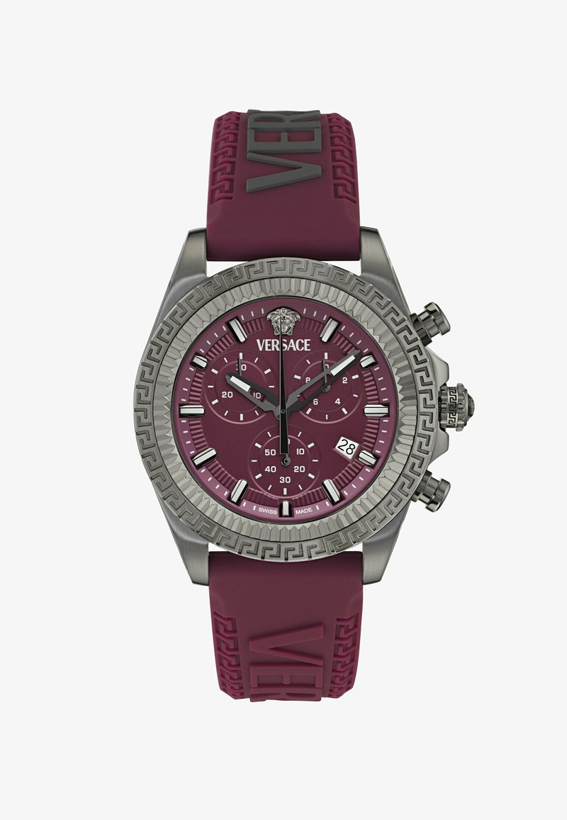 Versace laikrodis su nerūdijančio plieno korpusu, bordo ciferblatu, guminėmis juostomis, sidabriniais akcentais, tekstūruotu rėmeliu ir chronografu.
