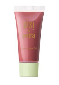 Sheer Cheek Gel purkissa, joka on joustava ja vaaleanpunainen, mintunvihreällä kannella; brändin ja tuotteen nimi on kullankeltaisella tekstillä. Sileä koostumus.