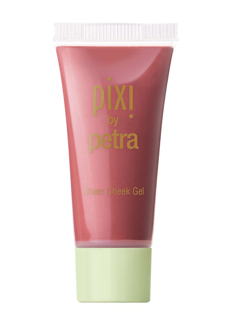 Sheer Cheek Gel purkissa, joka on joustava ja vaaleanpunainen, mintunvihreällä kannella; brändin ja tuotteen nimi on kullankeltaisella tekstillä. Sileä koostumus.