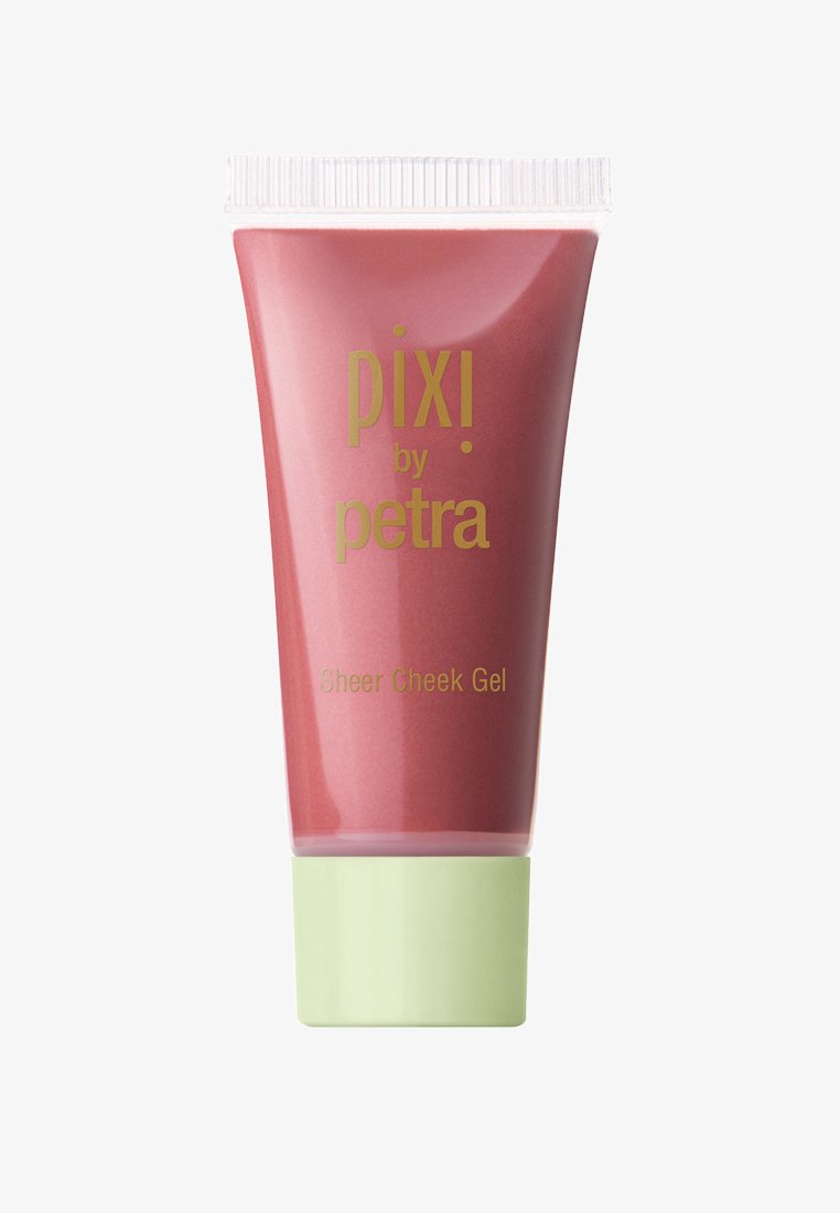 Sheer Cheek Gel purkissa, joka on joustava ja vaaleanpunainen, mintunvihreällä kannella; brändin ja tuotteen nimi on kullankeltaisella tekstillä. Sileä koostumus.