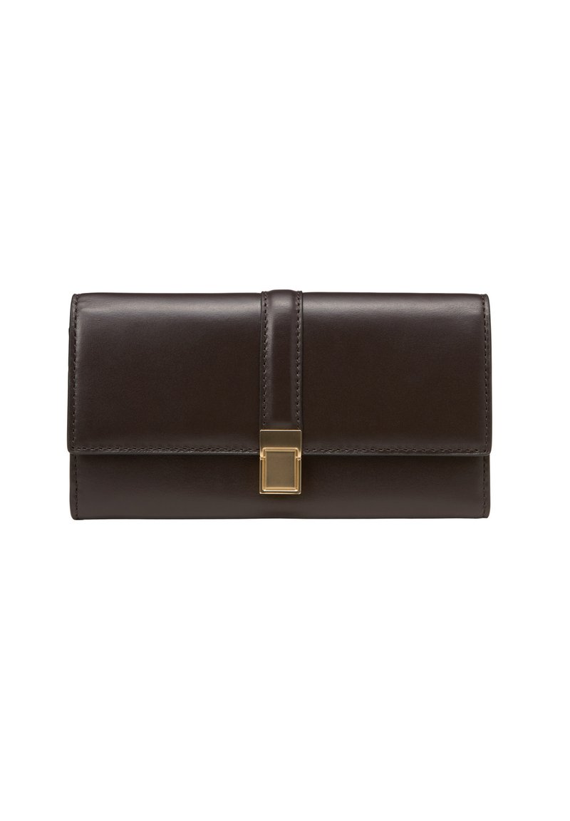 Portafoglio in pelle marrone scuro con una texture liscia, forma rettangolare e una chiusura rettangolare color oro al centro.