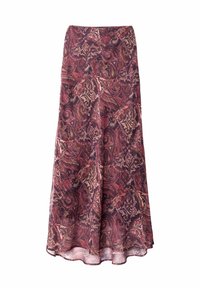 Larga falda fluida con tela en capas en tonos burdeos, rosa y patrones de paisley y flores en negro.