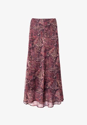 Larga falda fluida con tela en capas en tonos burdeos, rosa y patrones de paisley y flores en negro.