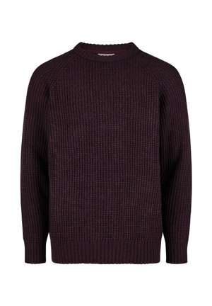 Dark burgundy knitted sweater with a round neckline, ribbed texture, and long sleeves, featuring a relaxed fit and solid color.