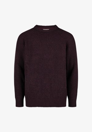 Dark burgundy knitted sweater with a round neckline, ribbed texture, and long sleeves, featuring a relaxed fit and solid color.