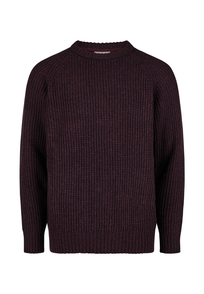 Dunkelburgunderfarbener Strickpullover mit rundem Ausschnitt, gerippter Textur und langen Ärmeln, in lockerer Passform und einfarbig.