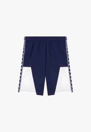 Navyblauwe korte broek met witte zijpanelen, elastische tailleband en patroonrand met kleine logocirkels langs de zijkanten.