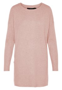Langärmliges, weiches, rosa Strickkleid mit Rundhalsausschnitt und lockerer Passform, vor weißem Hintergrund präsentiert.
