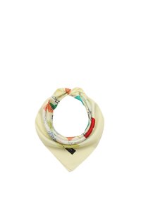 Siden scarf i pastellgult, med färgglada geometriska mönster och handskriven text. Knut på toppen som skapar en bandana-form.