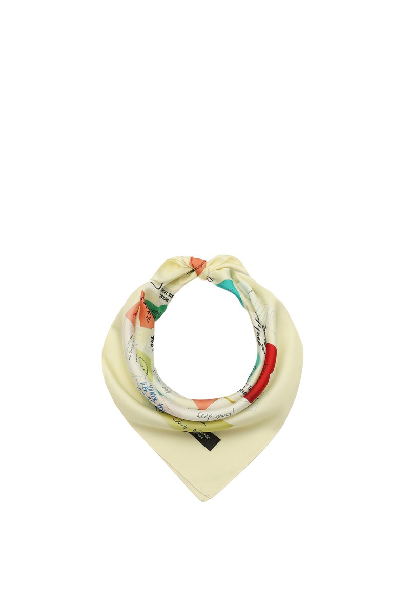 Siden scarf i pastellgult, med färgglada geometriska mönster och handskriven text. Knut på toppen som skapar en bandana-form.