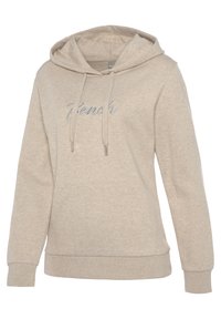 Felpa con cappuccio beige realizzata in materiale morbido, dotata di tasca frontale a marsupio e logo "Bench" ricamato in filo argento.