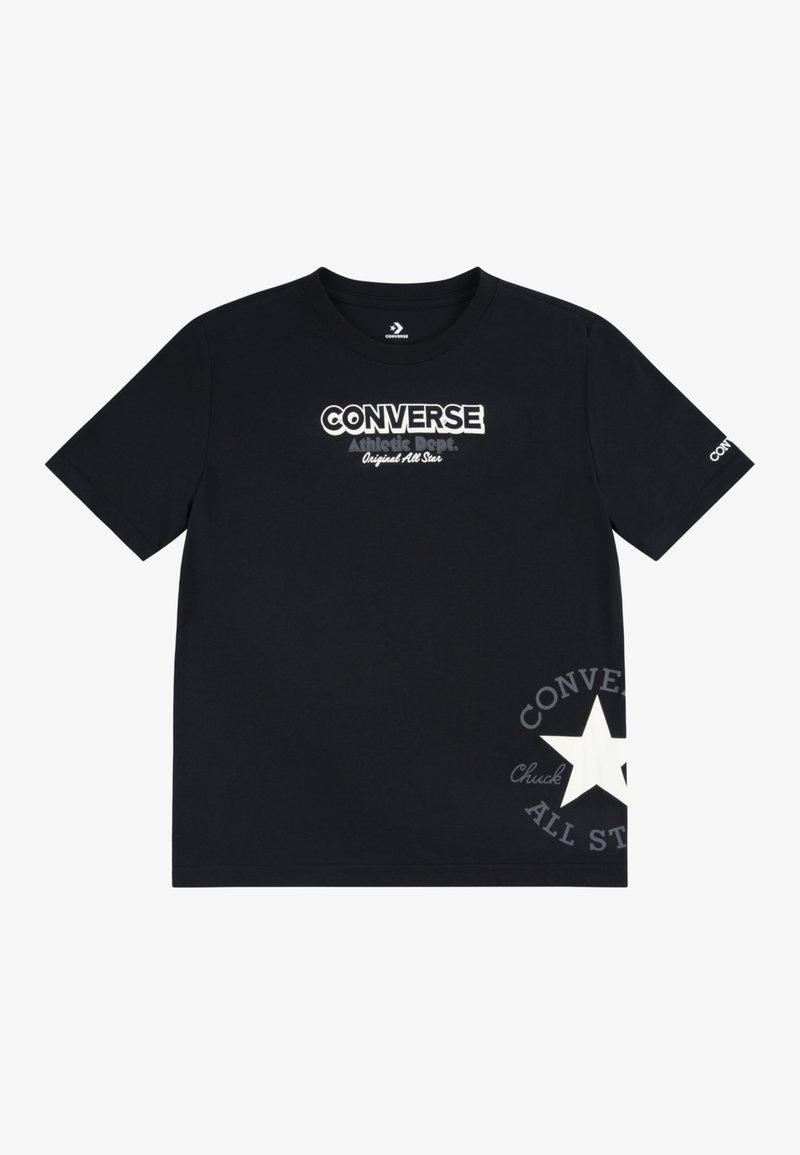 Μαύρο βαμβακερό T-shirt με κείμενο "CONVERSE" και "Athletic Dept. Original All Star" σε λευκό και γκρι. Γραφικό αστεριού στο κάτω αριστερό μέρος.