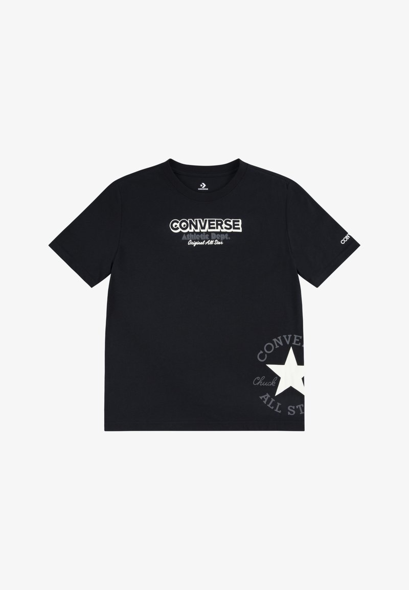 Μαύρο βαμβακερό T-shirt με κείμενο "CONVERSE" και "Athletic Dept. Original All Star" σε λευκό και γκρι. Γραφικό αστεριού στο κάτω αριστερό μέρος.