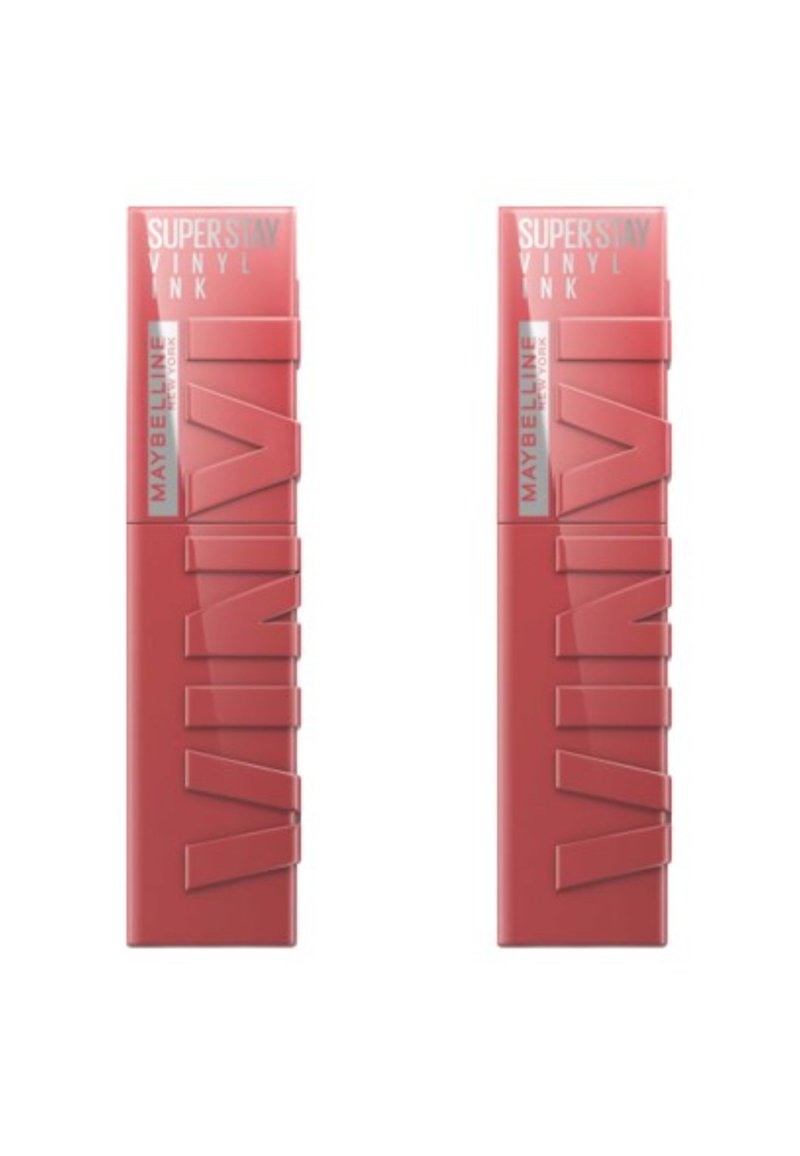 Maybelline Super Stay Vinyl Ink, un emballage rectangulaire élégant en rose mat, avec une lettrage en relief et un accent en cap argent.
