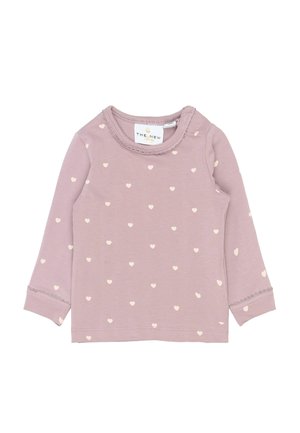 Cămașă pentru bebeluși cu mânecă lungă, în nuanțe moi de mov, cu modele de inimioare de un roz deschis. Prezintă un guler rotund, două capse și cusături decorative pe mâneci.