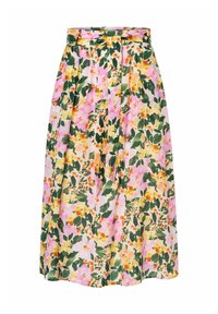 Bloemen midi rok met een roze basis en gele en groene bloemenpatronen, geplooid ontwerp en een bijpassende stofriem.