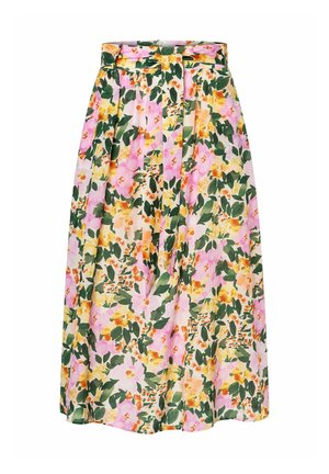 Bloemen midi rok met een roze basis en gele en groene bloemenpatronen, geplooid ontwerp en een bijpassende stofriem.