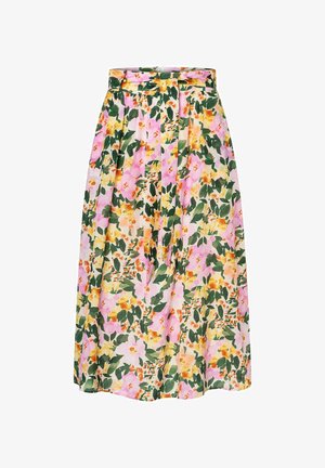 Bloemen midi rok met een roze basis en gele en groene bloemenpatronen, geplooid ontwerp en een bijpassende stofriem.