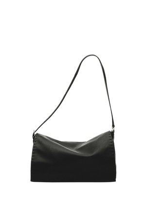Small black leather shoulder bag with a single long strap and a rectangular, slightly creased body.