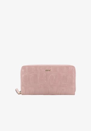 Light pink crocodile-textured leather zip-around wallet with gold "Abro" logo and matching pull tab.