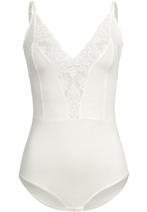 White bodysuit with adjustable straps, featuring a v-neck design with lace detail at the bodice and a smooth, fitted bottom.