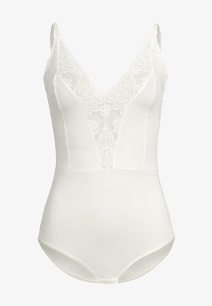 Witte body met verstelbare bandjes, voorzien van een v-hals ontwerp met kantdetails bij het lijfje en een gladde, strakke onderkant.