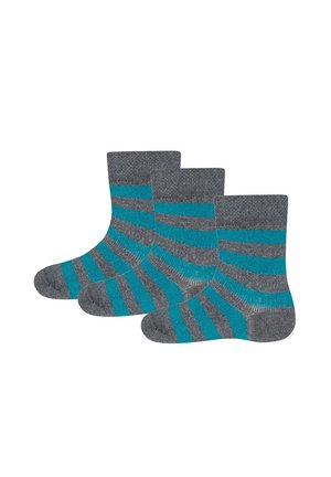 Graue Socken mit türkisfarbenen horizontalen Streifen, aus einem weichen Strickmaterial gefertigt, mit klassischer Knöchelhöhe und verstärkter Fußspitze.
