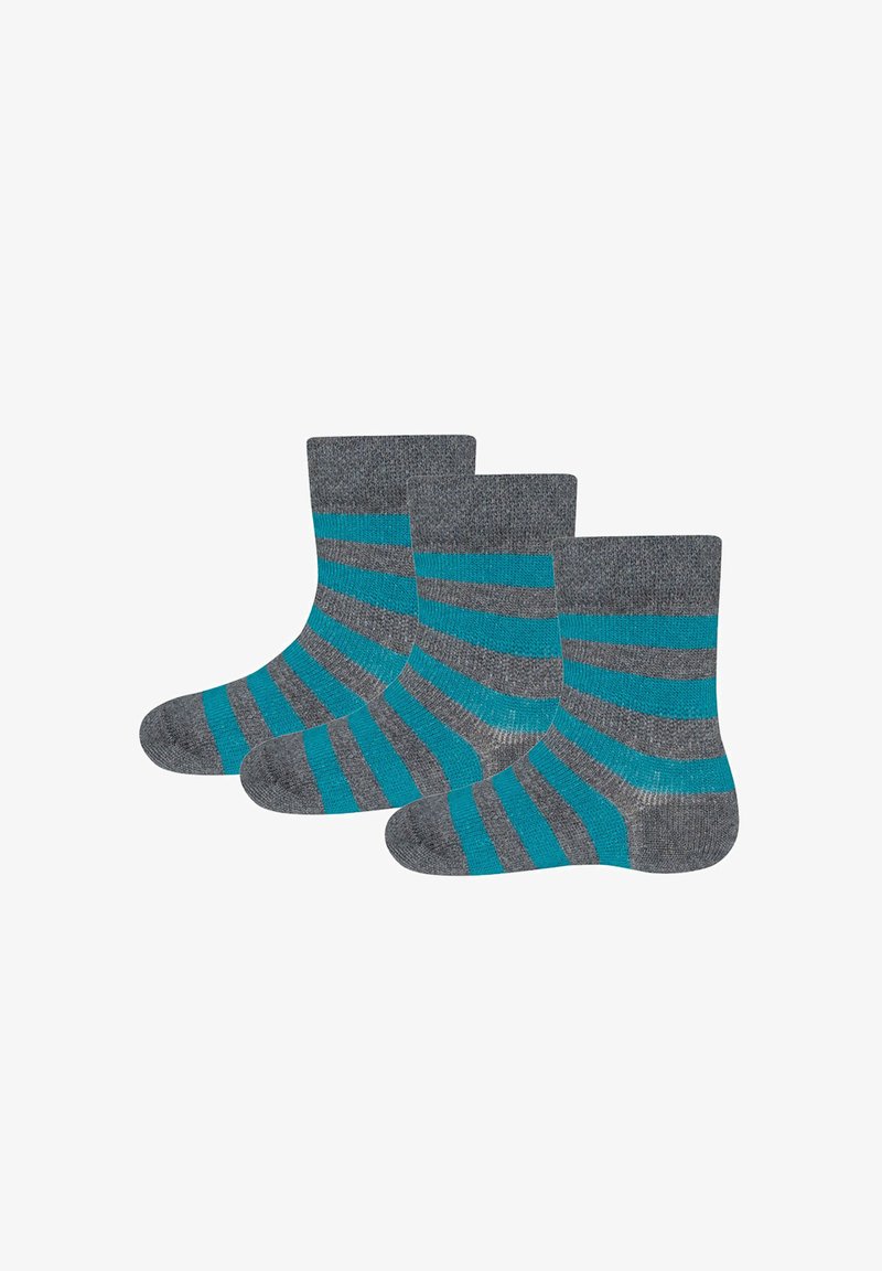 Gray socks with teal horizontal stripes, crafted from a soft knit material, featuring a standard crew length and reinforced toe.