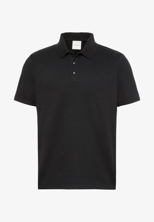 Fekete rövid ujjú galléros póló három gombbal, enyhe Calvin Klein márkajelzéssel a mellrészen.