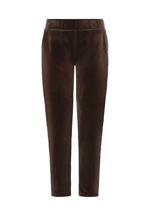 Pantaloni in velluto a coste marroni con vita elastica, gambe affusolate e tasche laterali. La texture presenta rigature verticali per un tocco in più.