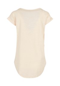 Short-sleeved, light beige women's top with a loose fit, curved hem, and a smooth, slightly textured fabric.